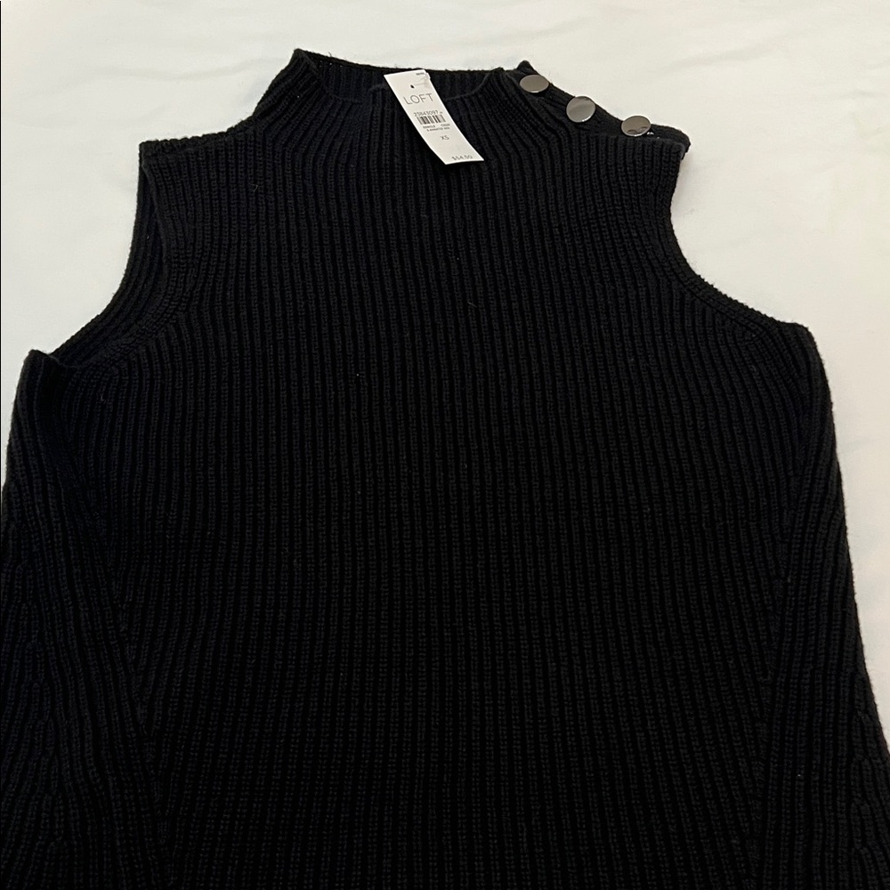 LOFT Black Sleeveless Quite Luxury Mock Neck Vertical Ribbed Decorative Sweater - Picture 10 of 13